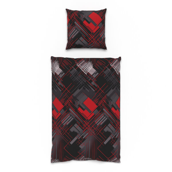 JELLA Bettwäsche rot grau abstrakt geometrisch, 100% Baumwolle, 135x200, 80x80, Premium